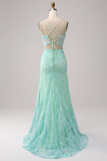 Sirena verde Spaghetti Straps Paillettes Abito da ballo lungo con fessura
